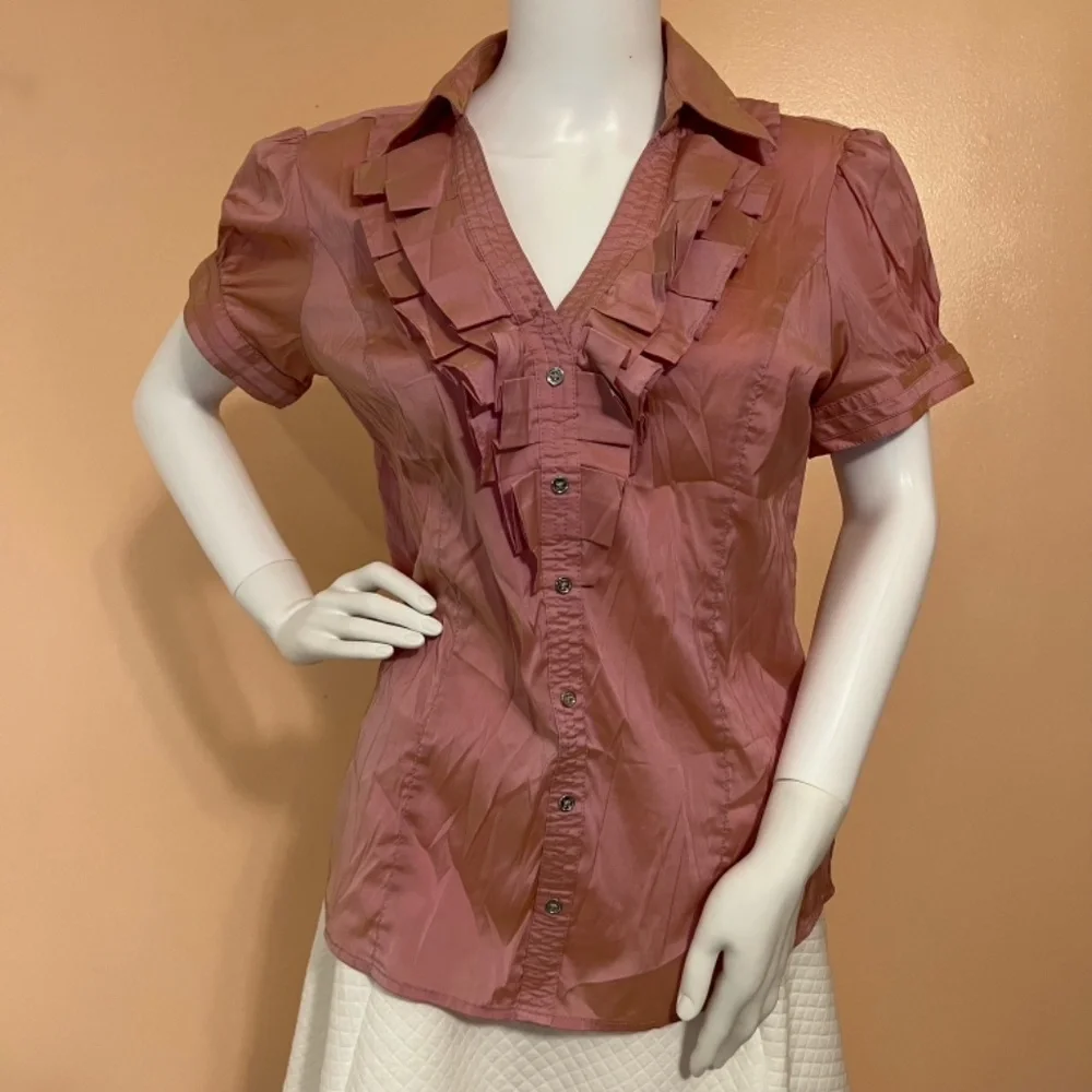 Express Metallic Rose Gold Ruffled V Neck Collar Button Down Blouse - Picture 2 of 7